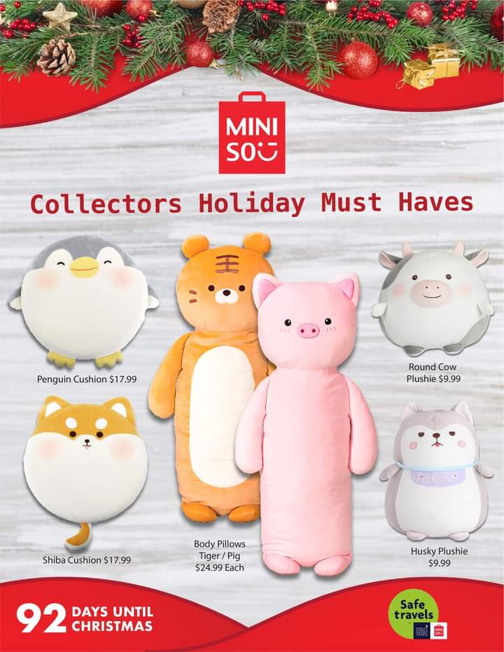 smislandguam's tweet photo. Hafa Adai! 

It's 92 days until Christmas! Today's an exciting day for Miniso Toy Plush Collectors:). New items also included in SALE this weekend:) Happy shopping! 
#Its92DaysUntilChristmas #MinisoCountDownToChristmas2022  #smisland #smislandstore #GuamUSA https://t.co/ul5h33DH7B