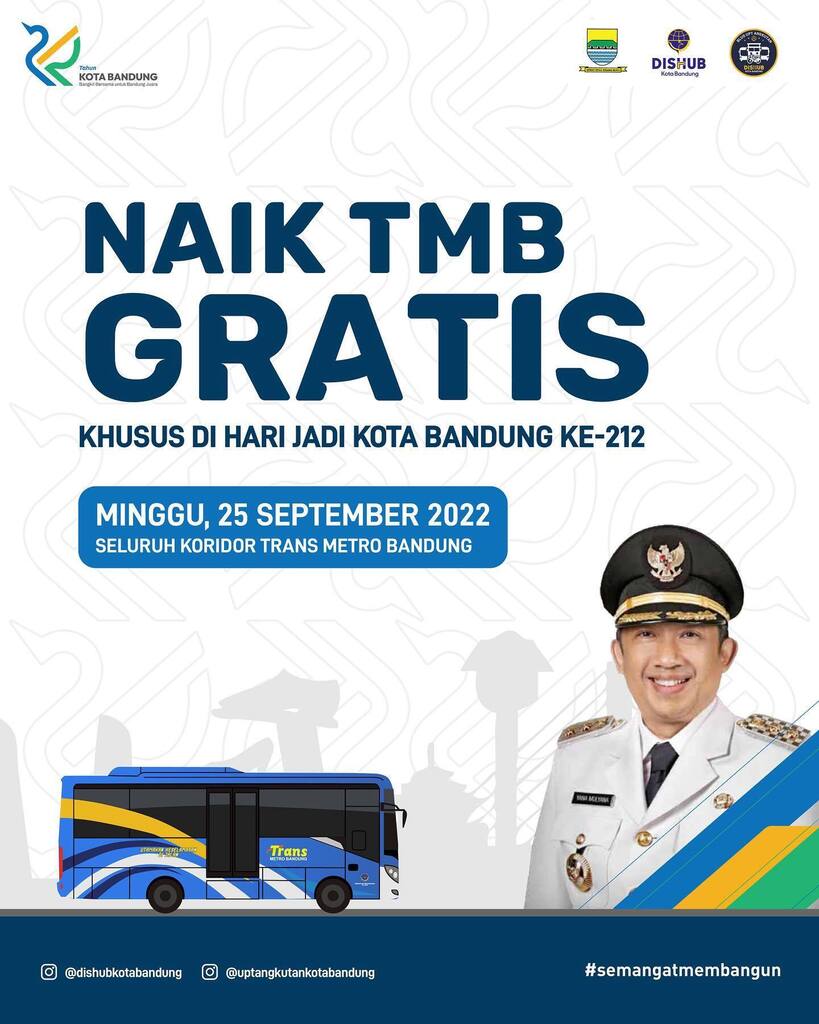 Bertepatan dengan Hari Jadi Kota Bandung 25 September 2022, naik Trans Metro Bandung Gratis alias Tidak dipungut biaya.

Berlaku untuk semua koridor dan ingat khusus di hari jadi kota bandung saja ya wargi.

Yuk, kita naik bus TMB.

#semangatmembangun

S… instagr.am/p/Ci4DHAbBEkG/