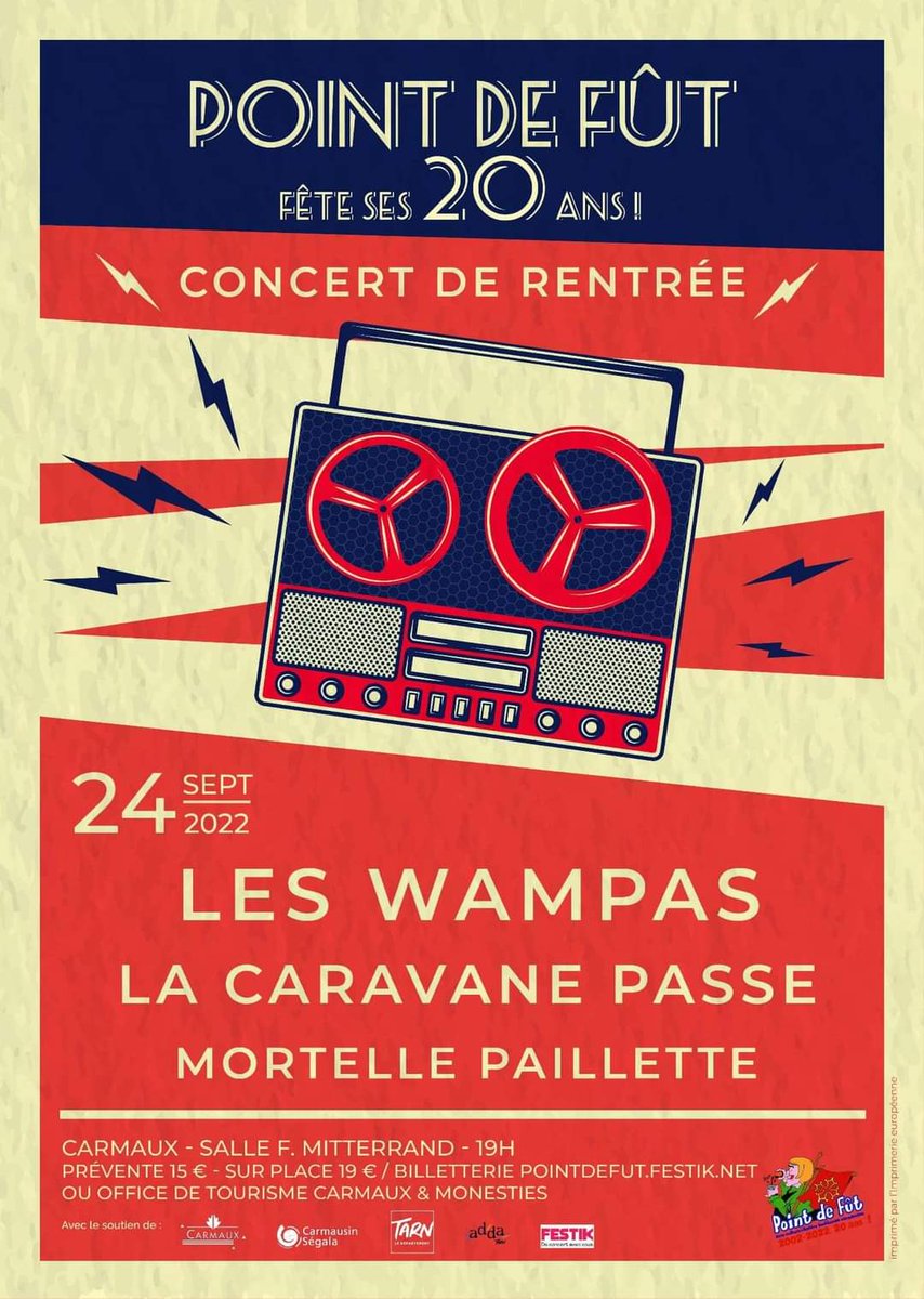 vitalastar's tweet photo. Ce soir, Point de Fût fête ses 20 ans avec un concert exceptionnel à #Carmaux avec @Les_Wampas @lacaravanepasse #MortellePaillette 
Event : https://t.co/7u5HqJW4h6 https://t.co/9G3WTLajR0