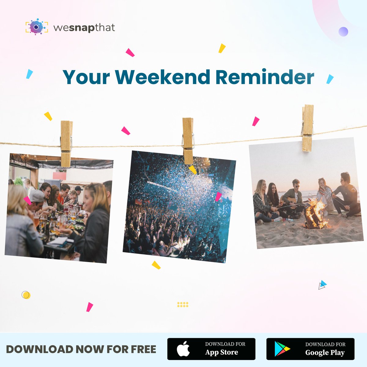 WeSnapThat_'s tweet image. 🎊Better days are coming...🤩🎉

🎉They are called: Saturday and Sunday...😍🥳 

Download the Free App Now...!!👆🏻📱👆🏻 Link in Bio..👆🏻📱👆🏻... 

#wesnapthat #photosharingapp #photosharing #downloadapp  #photography #weekend #weekendparty #weekendvibe #saturdaynight #saturday