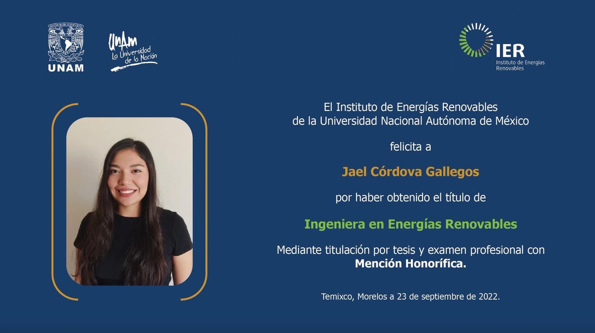 IER-UNAM (@ierunam) on Twitter photo ¡#UnGoyaPara Jael Córdova Gallegos 👏🏻!
Hoy recibió el título de Ing. en Energías Renovables con Mención Honorífica🎖
☀️ Tesis: Análisis de un #ConcentradorSolar secundario para un canal parabólico con receptor circular
👨🏼🏫 Tutor: <a href="/CamiloArancibi8/">Camilo A. Arancibia Bulnes</a>
¡Felicidades 🎊! #OrgulloIER ¡#UnGoyaPara Jael Córdova Gallegos 👏🏻!
Hoy recibió el título de Ing. en Energías Renovables con Mención Honorífica🎖
☀️ Tesis: Análisis de un #ConcentradorSolar secundario para un canal parabólico con receptor circular
👨🏼🏫 Tutor: <a href="/CamiloArancibi8/">Camilo A. Arancibia Bulnes</a>
¡Felicidades 🎊! #OrgulloIER