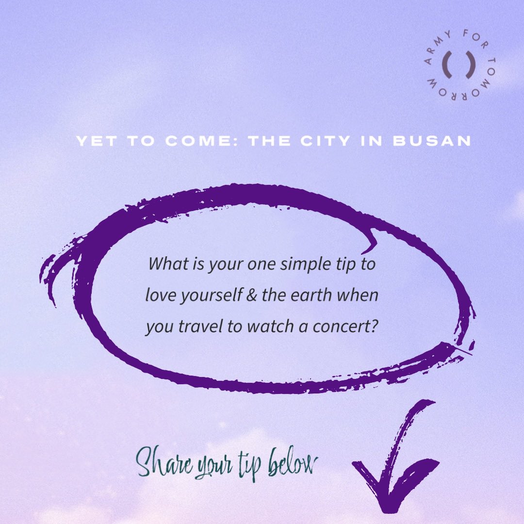 ARMYforTomorrow's tweet photo. 3. What is your one simple tip to love yourself & the ๐ while watching #BTS in a concert you had to TRAVEL to?
Pls QT your reply #ARMYforTomorrow https://t.co/5MYH85O0VZ