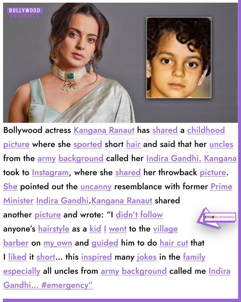 Kangana Ranaut shared pics from her childhood and revealed that ‘uncles from army background called me Indira Gandhi’ because she used to have short hair. She added that she did not follow anyone's haistyle.

#bollywoodchronicle #kanganaranaut #childhoodpicture #shorthaircut