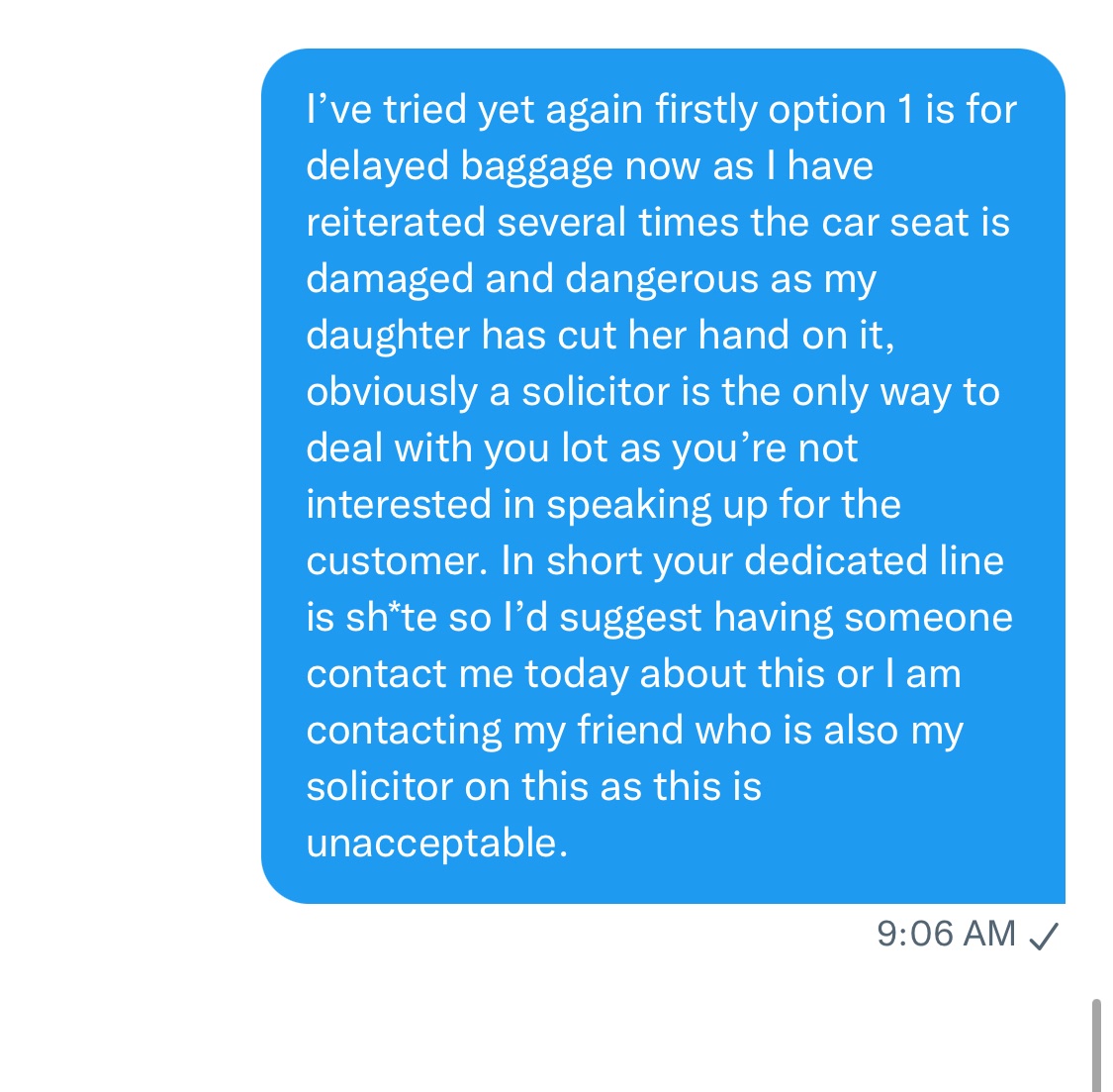 lynettecunni's tweet photo. @easyJet @easyJet_press Still getting the same nonsense giving that my daughter had to purchase a new car seat a solicitor is obviously the only way forward https://t.co/94CA0Qg1fZ