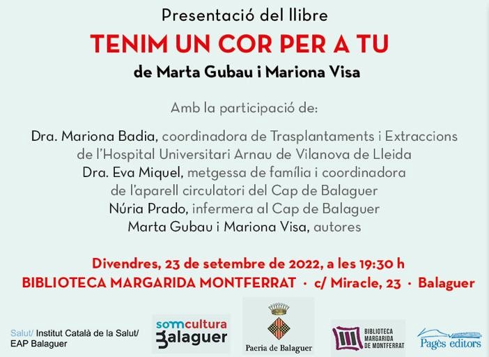 DTI_Foundation's tweet photo. Presentación de la 3ª edición del libro "Tenim un cor per a tu" de Marta Gubau i Mariona Visa.
Presentación emotiva que dio visibilidad a los pacientes trasplantados y sobre todo a los donantes anónimos y a sus familias.
#dticommunity #trasplante #corazon #balaguer #donacion https://t.co/vdke5UpM7z