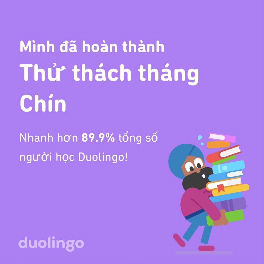 DThang1990's tweet photo. Mình đã hoàn thành Thử thách tháng Chín nhanh hơn 89.9% người học trên Duolingo! https://t.co/62qya5ENFm