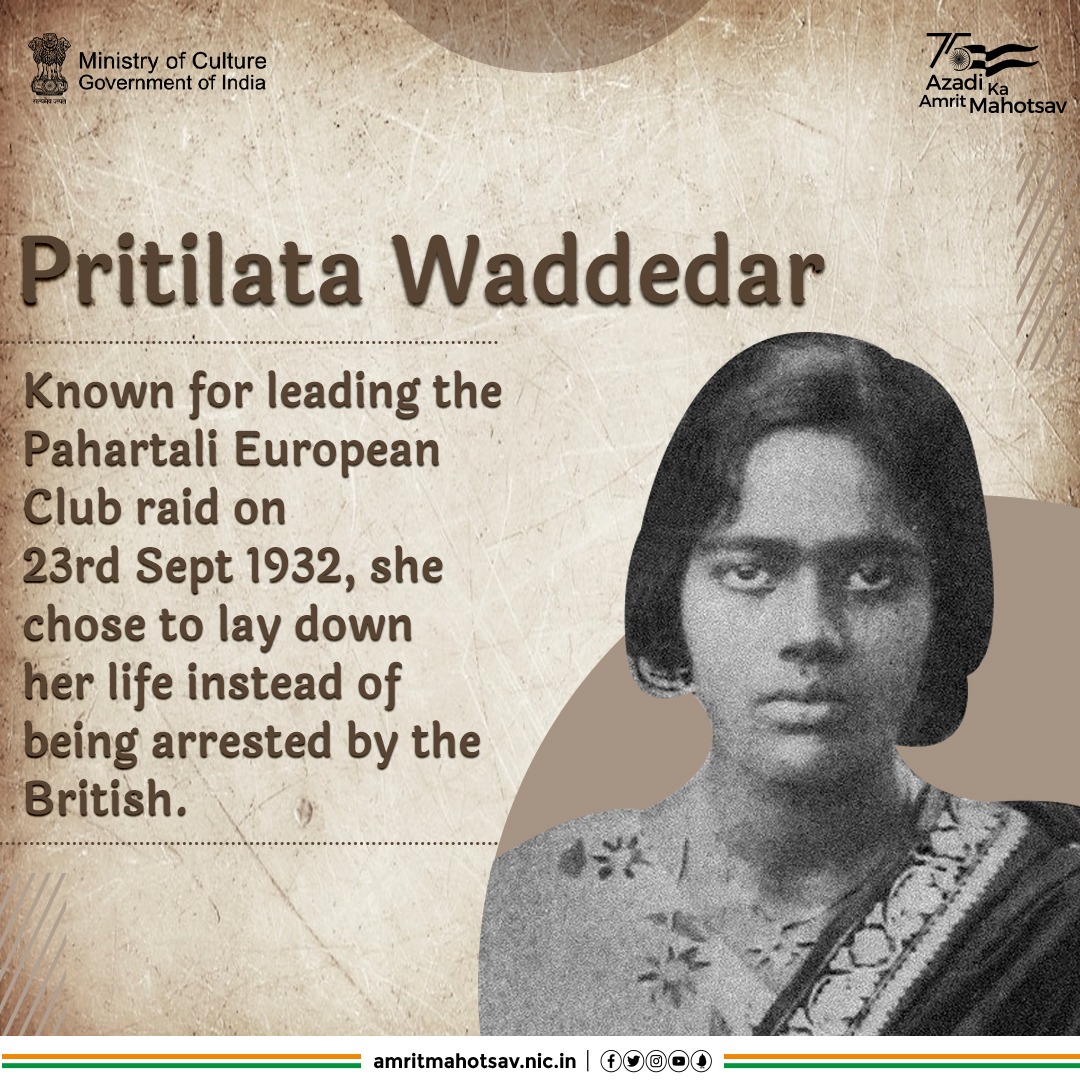 AmritMahotsav's tweet photo. PritilataWaddedar was a key figure in the #Chittagong Uprising and Armoury Raid of 1932. On this day, the 21-year-old, after being wounded in a fierce gun battle with the British, chose to sacrifice her life by taking potassium cyanide
#AmritMahotsav #MainBharatHoon #UnsungHeroe https://t.co/UpO5Y8v6IF