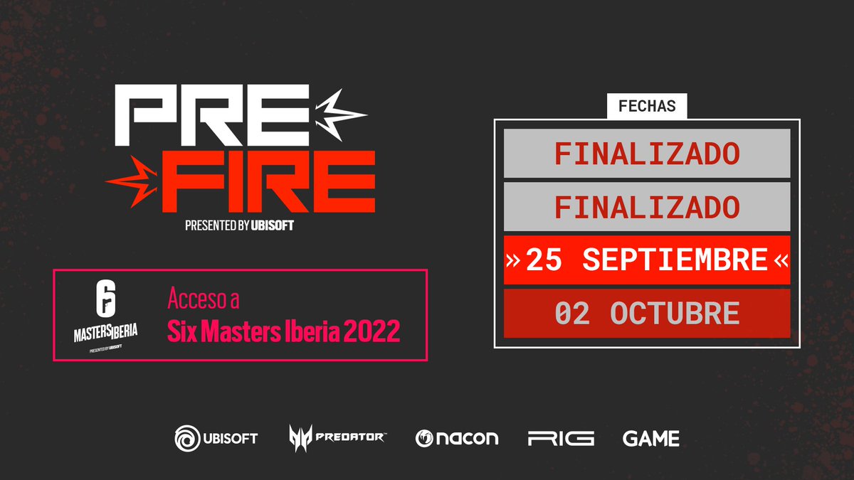 Rainbow6ES's tweet photo. 🔥 ¡Se acaban las oportunidades! MAÑANA penúltima #R6Prefire 

🗓️ Domingo 25 septiembre
⏰ Cierre de inscripciones: 17:00 CEST

🏆 Acceso a #SixMastersIberia 

👉 https://t.co/7bFXTBnDyV https://t.co/xlVdkeYSZB