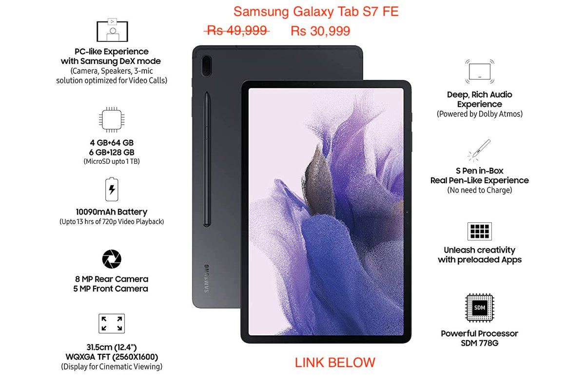 MindYourDeal's tweet photo. Rs 30,999 at 38% off on Samsung Galaxy Tab S7 FE 31.5 cm (12.4 inch) Large Display, Slim Metal Body, Dolby Atmos Sound, S-Pen in Box
Amazon Deal- https://t.co/14n3HAQQGH
#samsung #galaxytab #tabs7FE #apple #appleipad #ipadpro #flagshiptablet #androidtablet #android #xiaomipad https://t.co/TgV73nhsQY