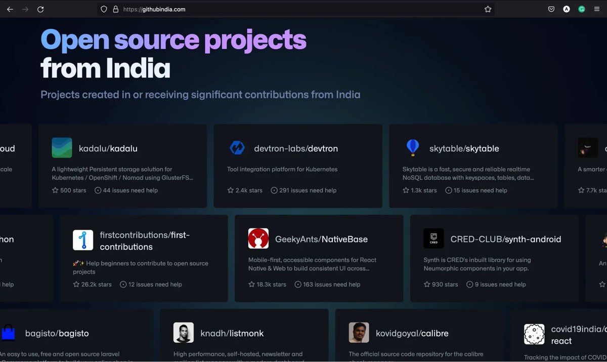 We can see ourselves on the @GitHubIndia website 👀

We are the 23rd overall project and 7th in the Developer Productivity & Tools section 🙌

Check out all the fantastic projects listed here.

➡ buff.ly/3dwPQa6

#GitHubIndia #GitHub #OpenSource
