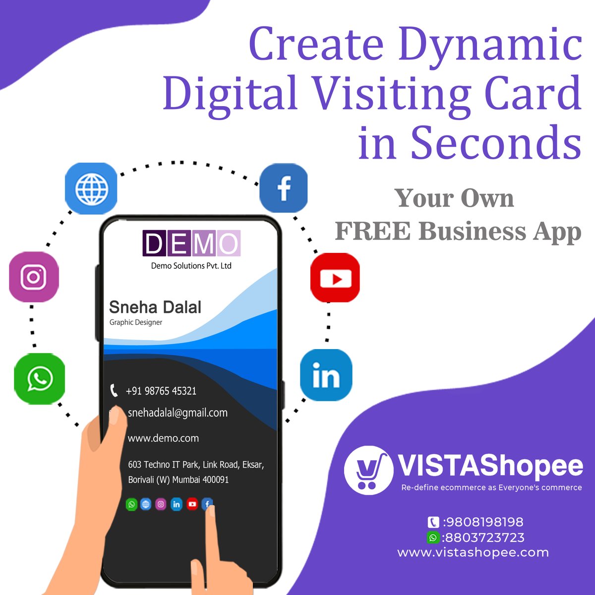 Create a FREE Digital Visiting Card. Add clickable social media icons to your card to connect socially. Grow your professional network with ease!

Install the App from
bit.ly/3vUMwMh
#vistashopeeapp  #onlinebusiness #ecommerceapp #businessapp #ecommercesolution