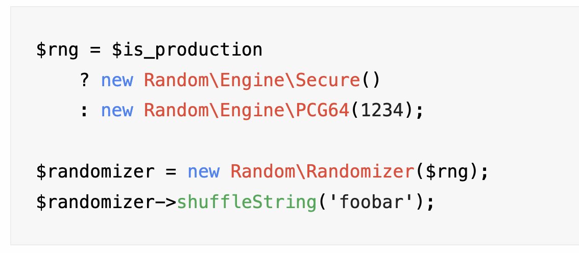 brendt_gd's tweet photo. New in PHP 8.2: a reworked randomizer engine that is more secure and easier to use 🎉

https://t.co/qPVdL7X2o6 https://t.co/U0dY4HcRRE