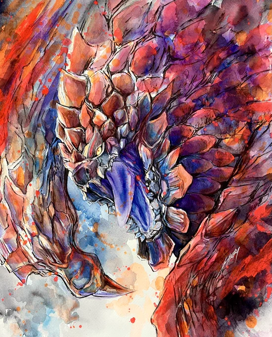 『 大 災 難  、大 再 来 』紅蓮滾るバゼルギウス#モンハン #モンハンライズ #MHWIB #イラスト #水彩画 #MHW #MonsterHunter #シュミンケ #透明水彩 