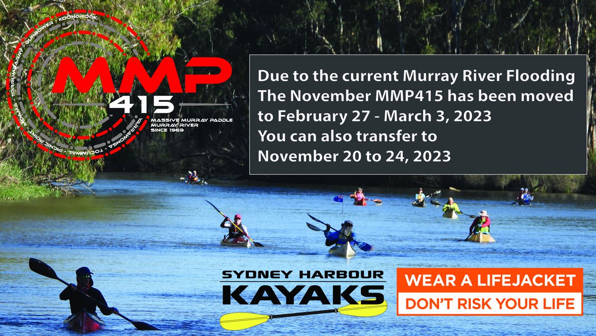 MMPaddle's tweet image. Due to the flooding on the Murray River - this November&apos;s MMP has been postponed until February 27 - March 3, 2023 - follow via facebook.com/massivemurrayp… #mmp415 #massivemurraypaddle