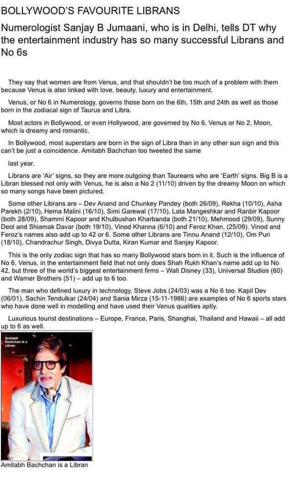 sanjaybjumaani's tweet photo. And the Libra period begins; so a treat for Librians 😍 & No. 6's (6th, 15th, 24th born individuals)
Our story appeared in Delhi Times- read pic to understand why there are more Stars born in this sign of the Zodiac than any other sign 😍
#Numerology #Libra #Librians https://t.co/nG1YptXNVY
