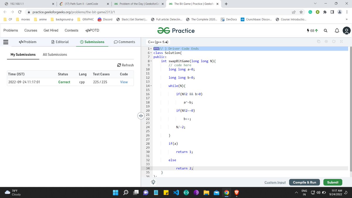 llDarkwayll's tweet photo. Day 86 of 100 Days of Code Program by
@CodeinCommunity

, Supported by
@MinutesCoding

Ques1:The Bit Game(GeeksforGeeks)
Code link:https://t.co/eiZG6jJ700
Discord:https://t.co/S4dOkeJfQi

#100daysofcodechallenge #codeincommunity #codein100daysofcode #100daysofcode #coding https://t.co/4qLXt1pkbk