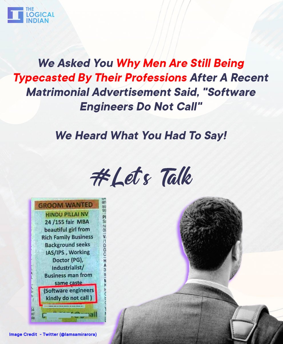 LogicalIndians's tweet image. Matrimonial advertisements often become viral on social media because of their weird requirements. An advertisement seeking a groom who is not a "software engineer" is currently making news.

#marriage #advertisment #typecaste
