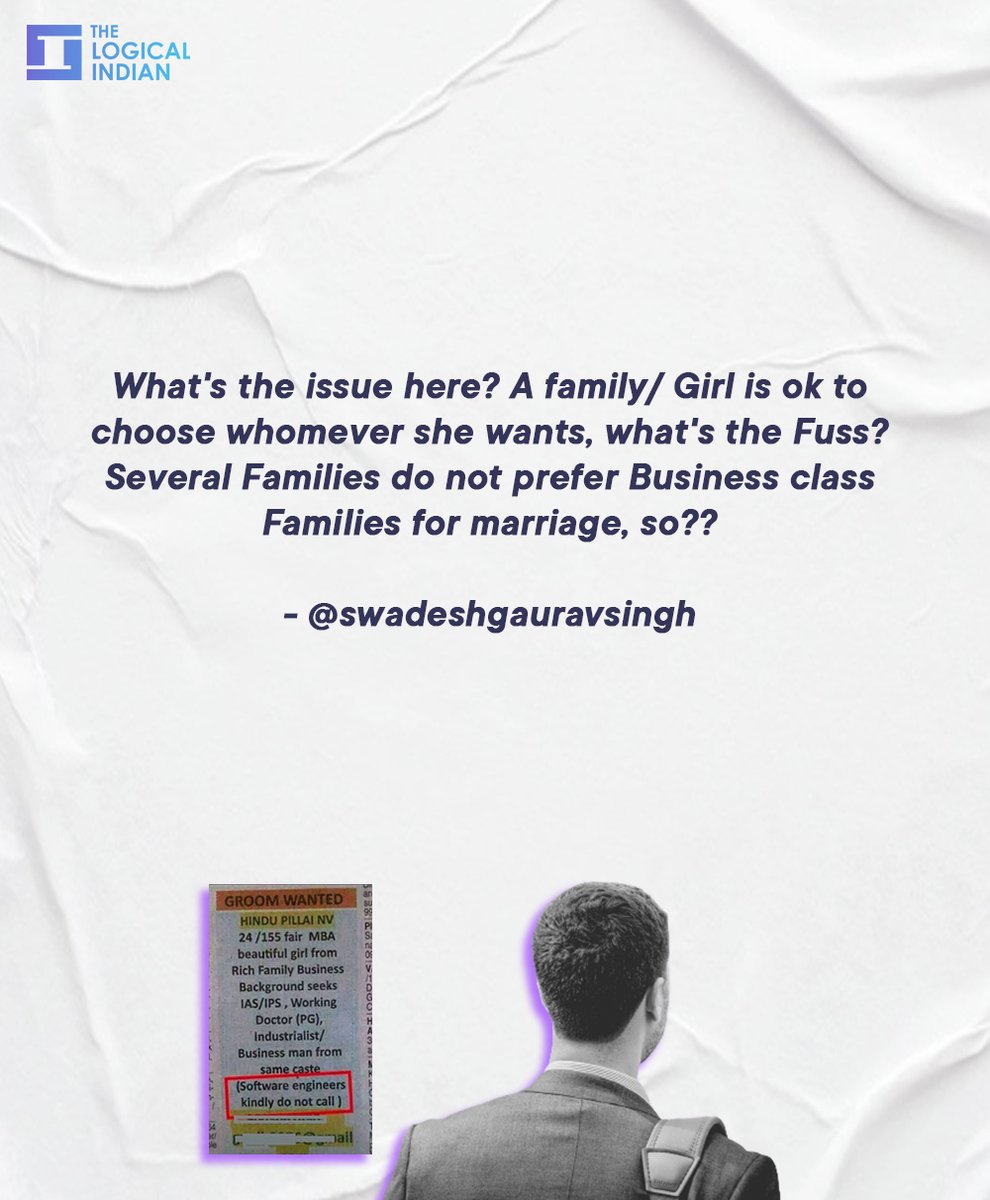 LogicalIndians's tweet image. Matrimonial advertisements often become viral on social media because of their weird requirements. An advertisement seeking a groom who is not a "software engineer" is currently making news.

#marriage #advertisment #typecaste