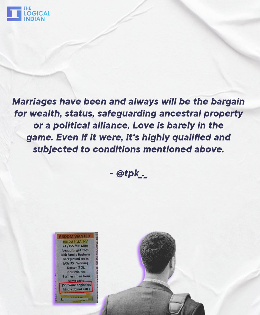 LogicalIndians's tweet image. Matrimonial advertisements often become viral on social media because of their weird requirements. An advertisement seeking a groom who is not a "software engineer" is currently making news.

#marriage #advertisment #typecaste