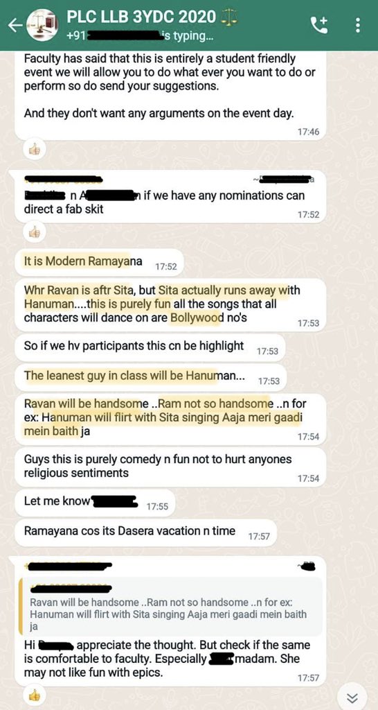 GemsOfBollywood's tweet photo. Whatsapp chat from a law college in Hyderabad. Urduwood-addict woke Hindus discussing staging “modern” Ramayana in college where Hanuman will flirt with Sita Ma, Sita will elope with Hanuman, Ravan will be handsome, Ram will not be handsome 

Bollywood’s cultural contribution https://t.co/XTxMMUZXYF