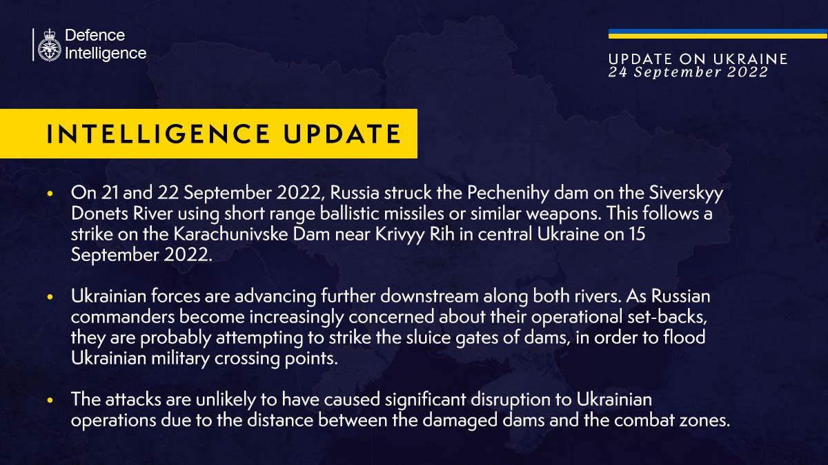 Latest Defence Intelligence update on the situation in Ukraine - 24 September 2022. Thread below.