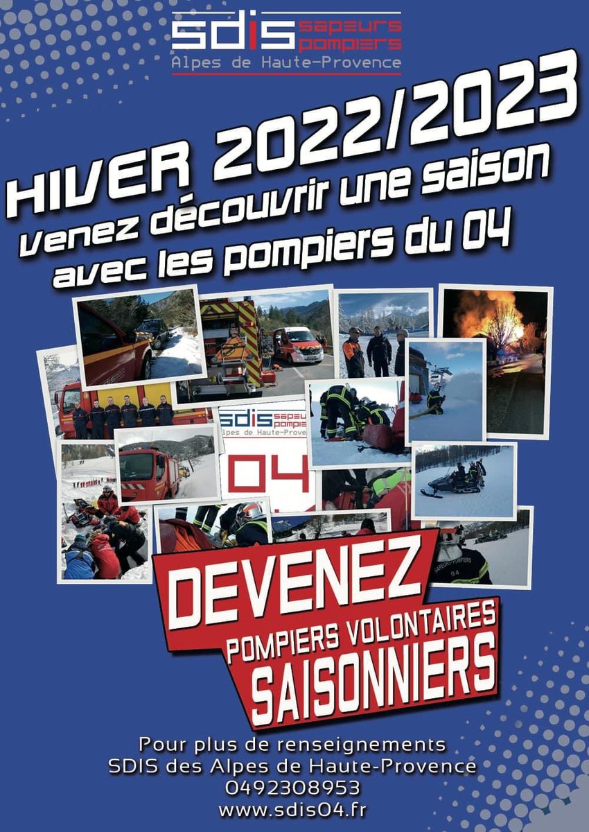 PompiersBCO's tweet photo. #Recrutement saison d’hiver ❄️🚒

Les Pompiers04 recrutent des sapeurs-pompiers volontaires saisonniers pour la saison d’hiver  2022/2023 ! 

ℹ️ Toutes les infos et dossier d’engagement 👇🏻

https://t.co/enoT8uTEnd

@Prefet04 @Pompiers04 https://t.co/93Qw9eRqWM