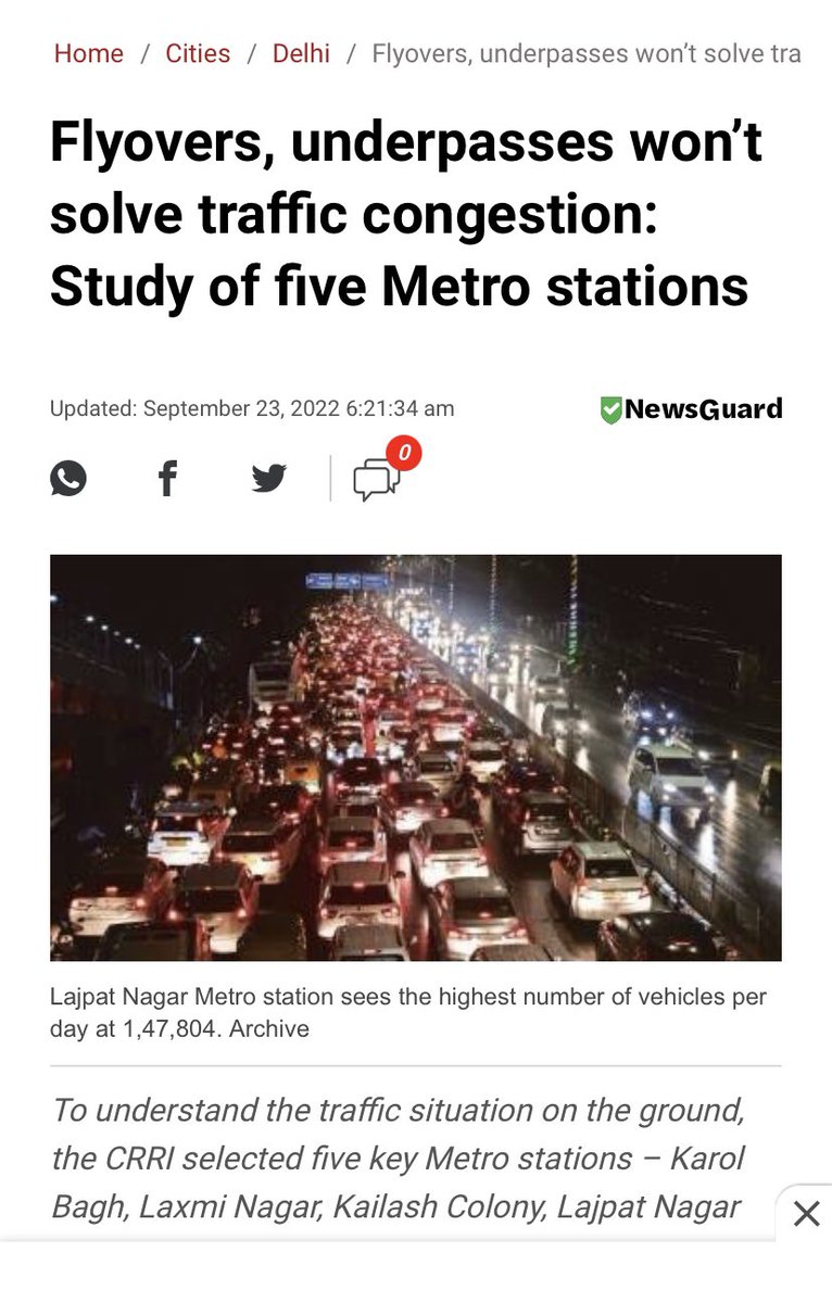 Have been saying for long but good to have a study to back it-
“Construction of flyovers and underpasses, and widening roads or right of way are not better approaches and solutions to deal with congestion and heavy road traffic,study by the Central Road Research Institute (CRRI)”