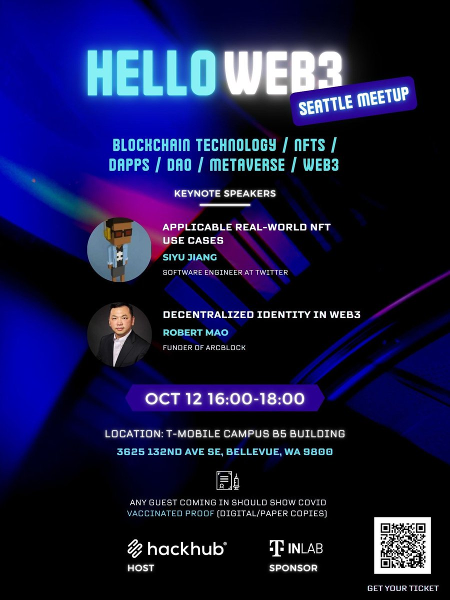 Hello Web3 Meetup is coming to Seattle next month! Event registration is open now! #Eventbrite #hackhub #Web3 #Meetup Free food and drinks will be provided at T-Mobile Bellevue Campus! <a href="/TMobile/">T-Mobile</a>