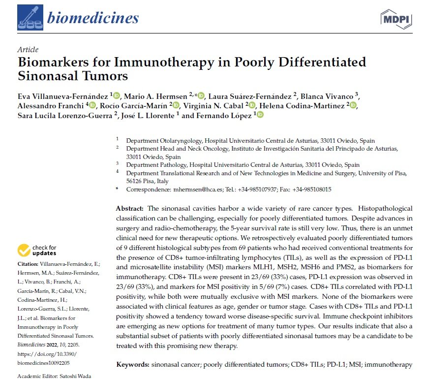 SinonasalTeam's tweet photo. 👩🏻‍🔬👨🏼‍🔬👃🏼On #WorldCancerResearchDay we share our latest work:  Our results on CD8+ TILS, PD-L1 expression and MSI indicate that also a subset of patients with poorly differentiated sinonasal tumors may be candidates to be treated with new therapies with immune checkpoint inhibitors. https://t.co/iIyIeTZYqJ