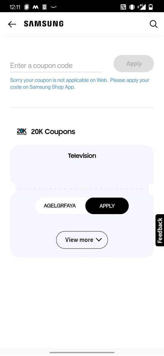 sahilbe2011's tweet photo. @SamsungIndia @Samsung I'm try apply coupon code through your app but I'm getting error "your coupon is not applicable on web " please look into it. https://t.co/2efe4JMNFw