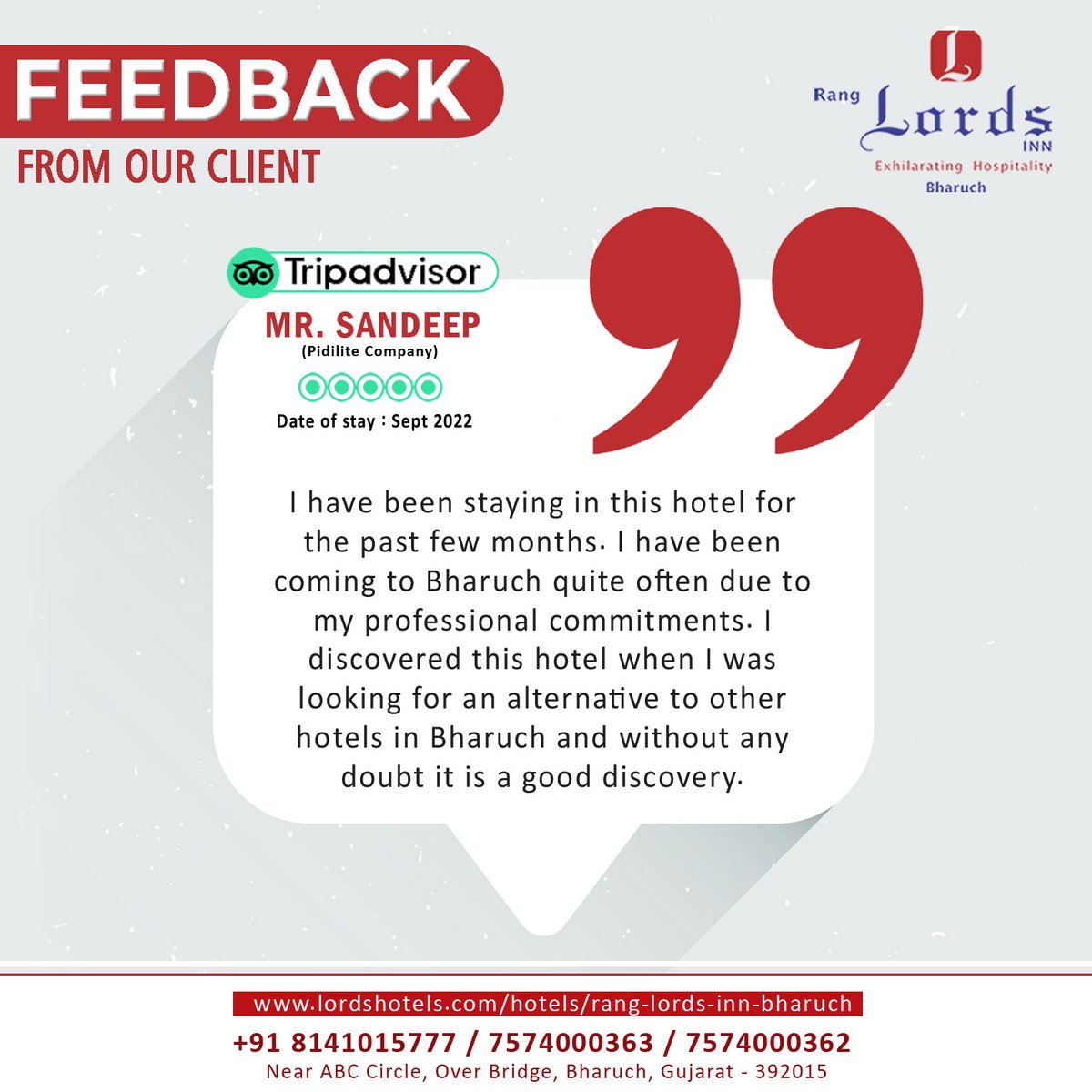 LordsInnBharuch's tweet photo. Client appreciation post ๐
It is always lovely to hear that a clientโs expectations have not just been met - but EXCEEDED!
#lordshotels #lordsresorts #hotels #rooms #luxuryhotels #hotellords #ranglordsinn #hotel #Pidilite https://t.co/w3odSdkNKV