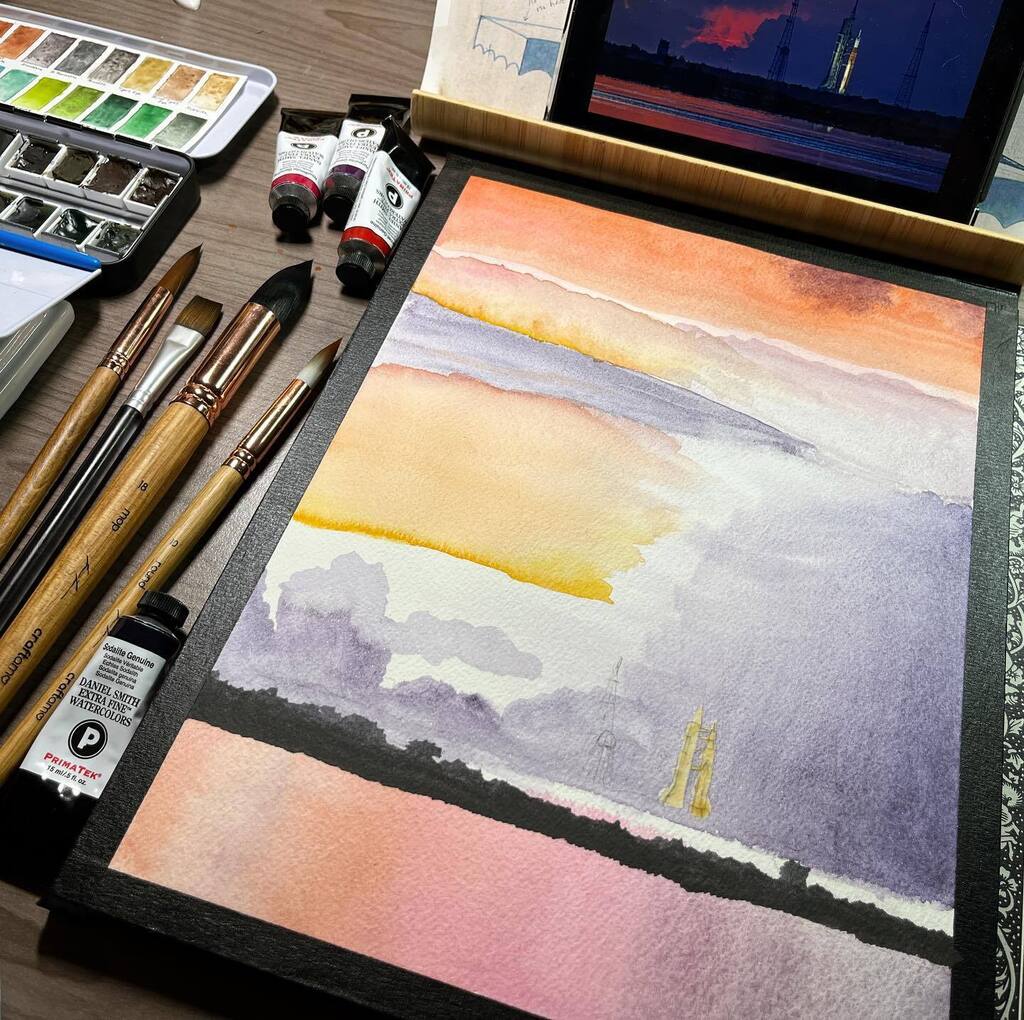 Not bad for a day’s work. Artemis 1 on the pad with a dramatic storm sunset… 

#inprogress #inprogressart #artemis #artemis1 #watercolor #watercolorart #spaceflight #returntothemoon #spacelaunchsystem instagr.am/p/Ci4PQg7uLGM/