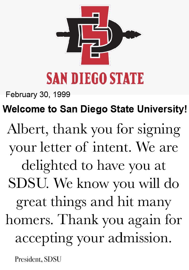 Congrats to Albert Pujols, known SDSU commit and #AztecForLife, for hitting his 700th homer! For those that forgot, we have uncovered our president’s letter thanking Albert for committing to SDSU.