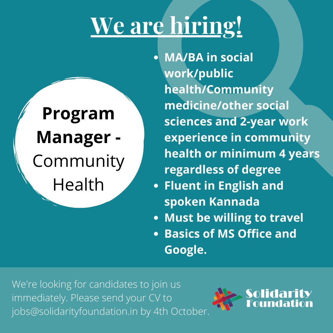 SolidarityFoundation (@solidarityfound) on Twitter photo We are #hiring!
The role involves managing health pillar programmes and ensuring the pillar's work is relevant to grassroots Gender and Sexual Minority, Sex Worker and Persons Living with HIV communities. Read more here: bit.ly/community-heal…
✉️jobs@solidarityfoundation.in We are #hiring!
The role involves managing health pillar programmes and ensuring the pillar's work is relevant to grassroots Gender and Sexual Minority, Sex Worker and Persons Living with HIV communities. Read more here: bit.ly/community-heal…
✉️jobs@solidarityfoundation.in