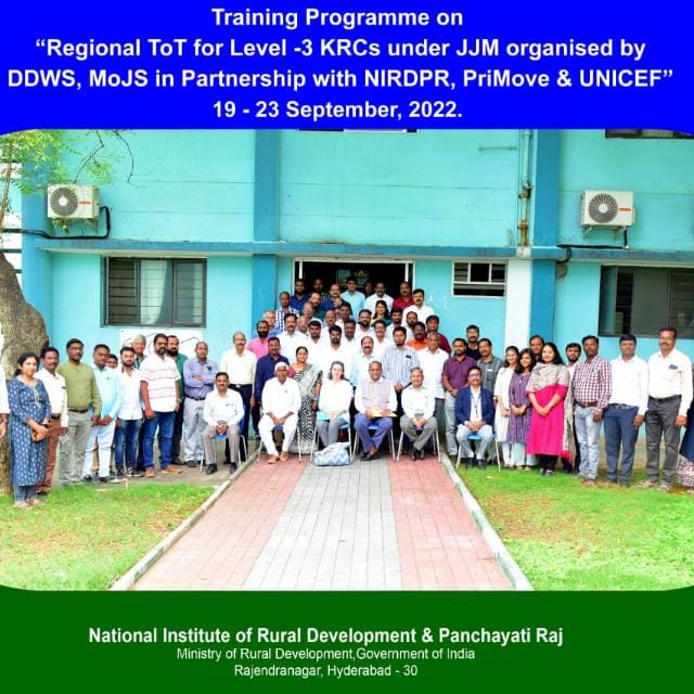 jaljeevan_'s tweet photo. A 5-day Training of Trainers (ToT) Workshop was organised at @NIRDPR_India campus for Level-3 Key Resource Centres (KRCs) under #JalJeevanMission.
13 KRCs & #SIRDs from #AndhraPradesh, #Karnataka, #Kerala, #TamilNadu & #Telangana particpated.
@PMOIndia @gssjodhpur @UNICEFIndia https://t.co/VadJ3TtmYp