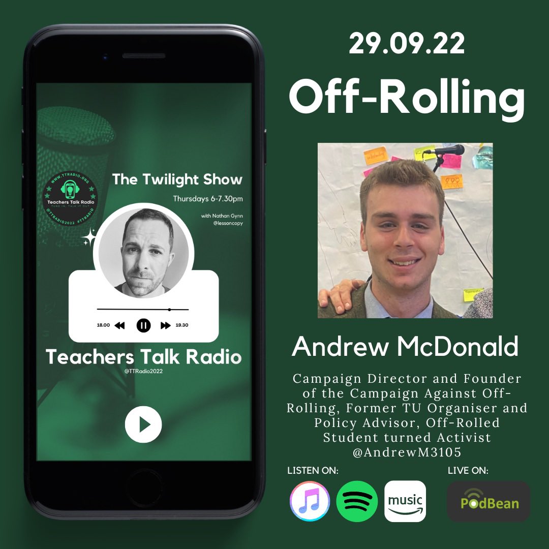 This week on @TTRadio2022 I’m talking with @AndrewM3105 about #offrolling and why he set up @OffRolling campaign to stop it. Powerful personal stories from young people and families, but what do teachers think? #edutwitter 🎙Tune in. Talk it out🎙 #ttradio #education