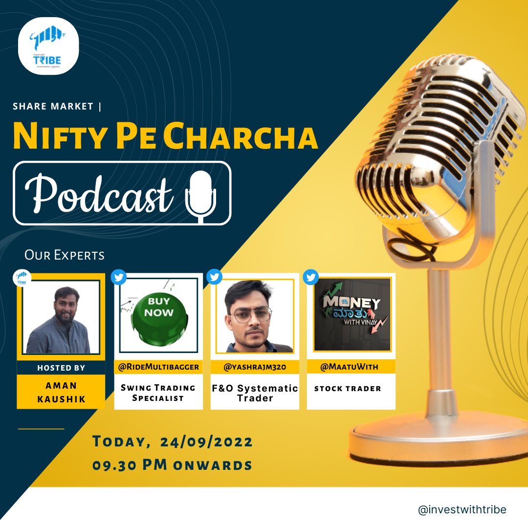 Podcast Alert!!! Join our Podcast: Nifty Pe Charcha Streaming on Twitter Spaces! Tune in: Today 24-09-2022 9.30 PM onwards Link: twitter.com/i/spaces/1mrGm… Know The Experts: @RideMultibagger @yashrajm320 @MaatuWith Ask our Experts about #stockmarket #nifty #sharemarket