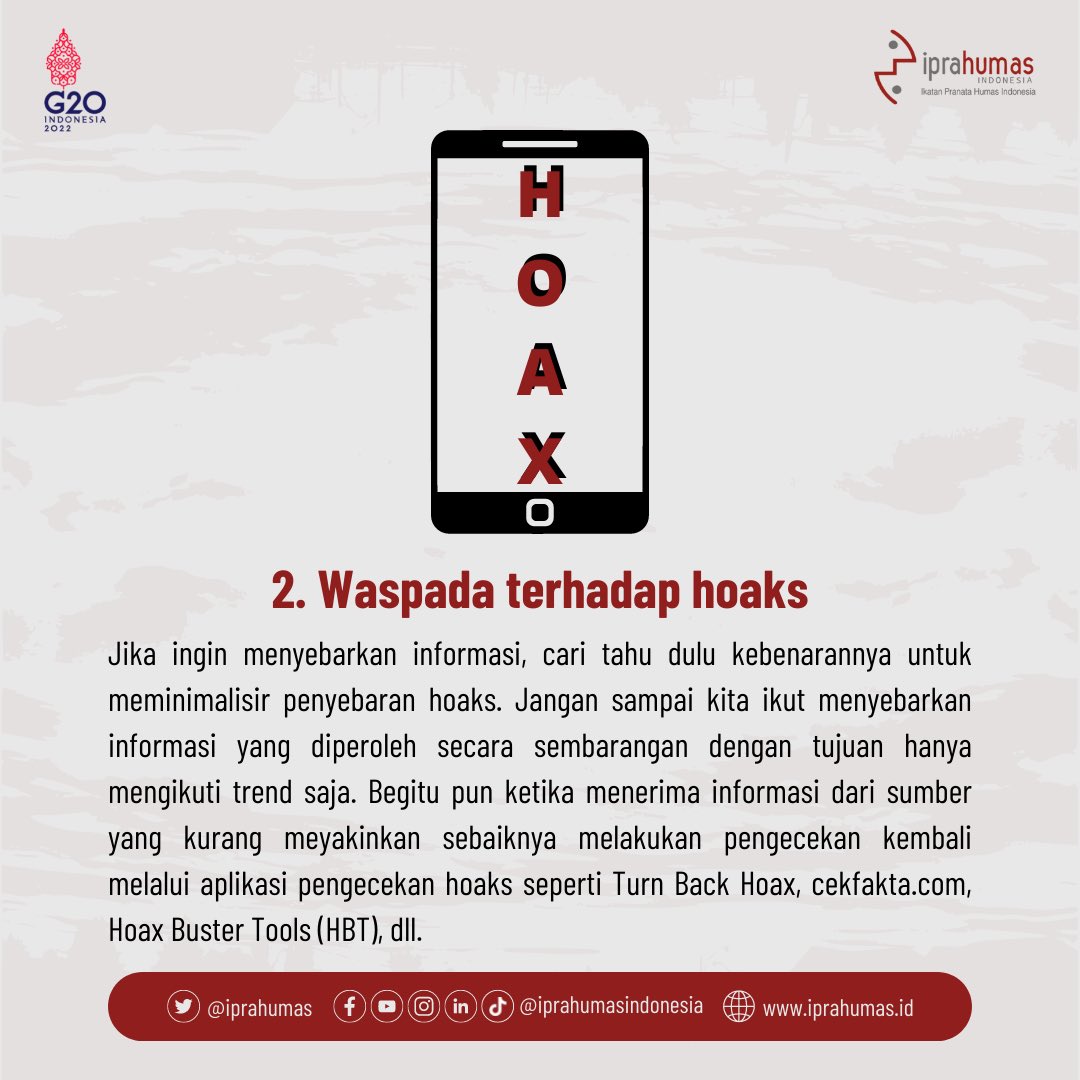 Iprahumas's tweet photo. Halo #RekanHumas
Di era serba digital ini, kita pasti tidak luput dari penggunaan media sosial. Lantas bagaimana caranya kita agar tangkas dan bijak dalam menggunakan media sosial?
Yuk, simak tips Masmin berikut ini ya!
#Iprahumas
#PranataHumas https://t.co/tADq6cbnI0