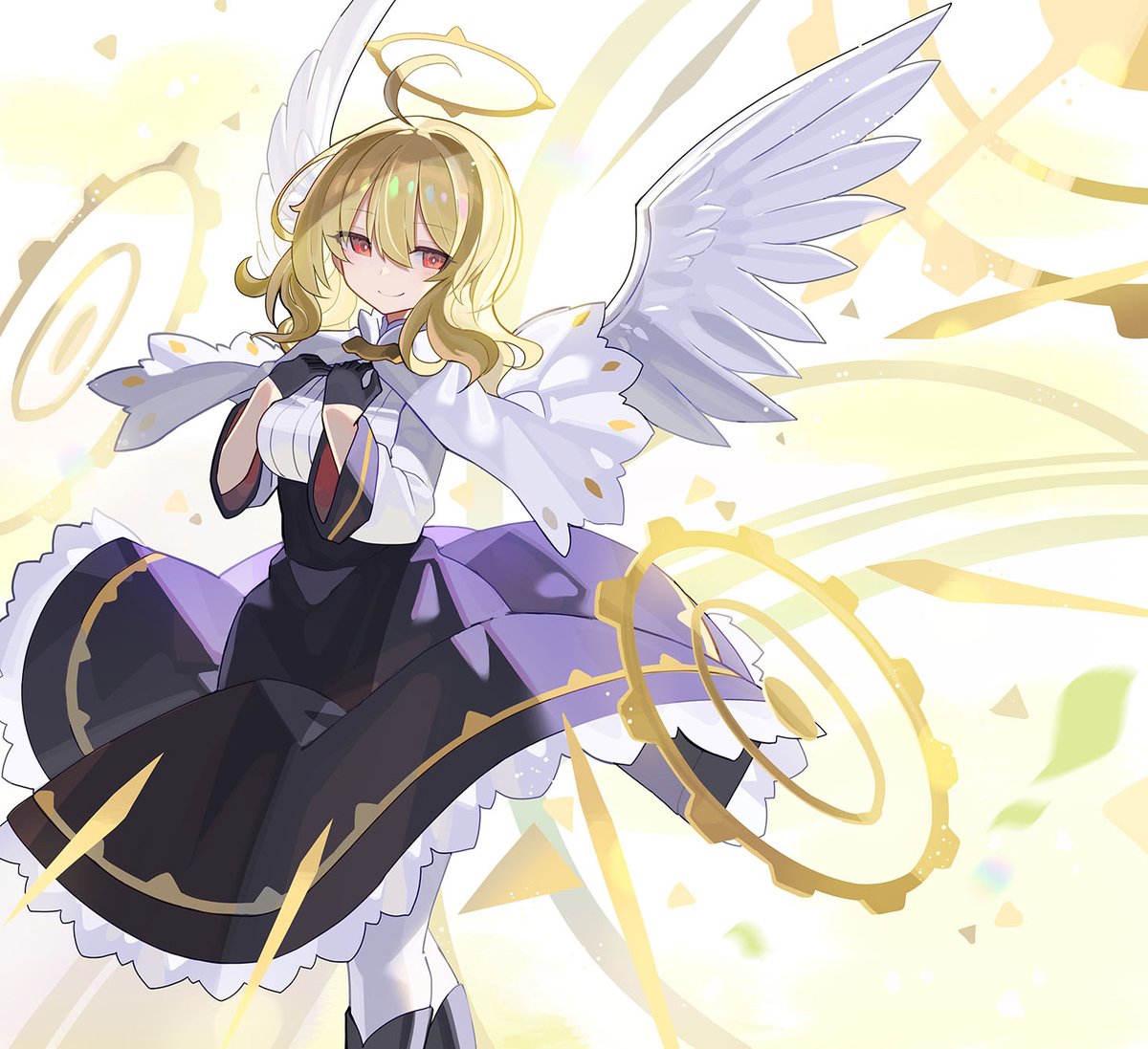 1girl solo blonde hair wings halo gloves smile  illustration images