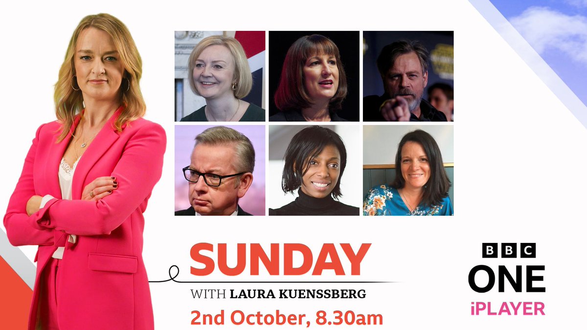 Joining #BBCLauraK this Sunday Liz Truss Rachel Reeves, Shadow Chancellor Mark Hamill, Actor Michael Gove, former cabinet minister Sharon White, Chair of John Lewis Pippa Crerar, Political Editor, The Guardian 0830 @BBCOne bbc.in/3SrpghK