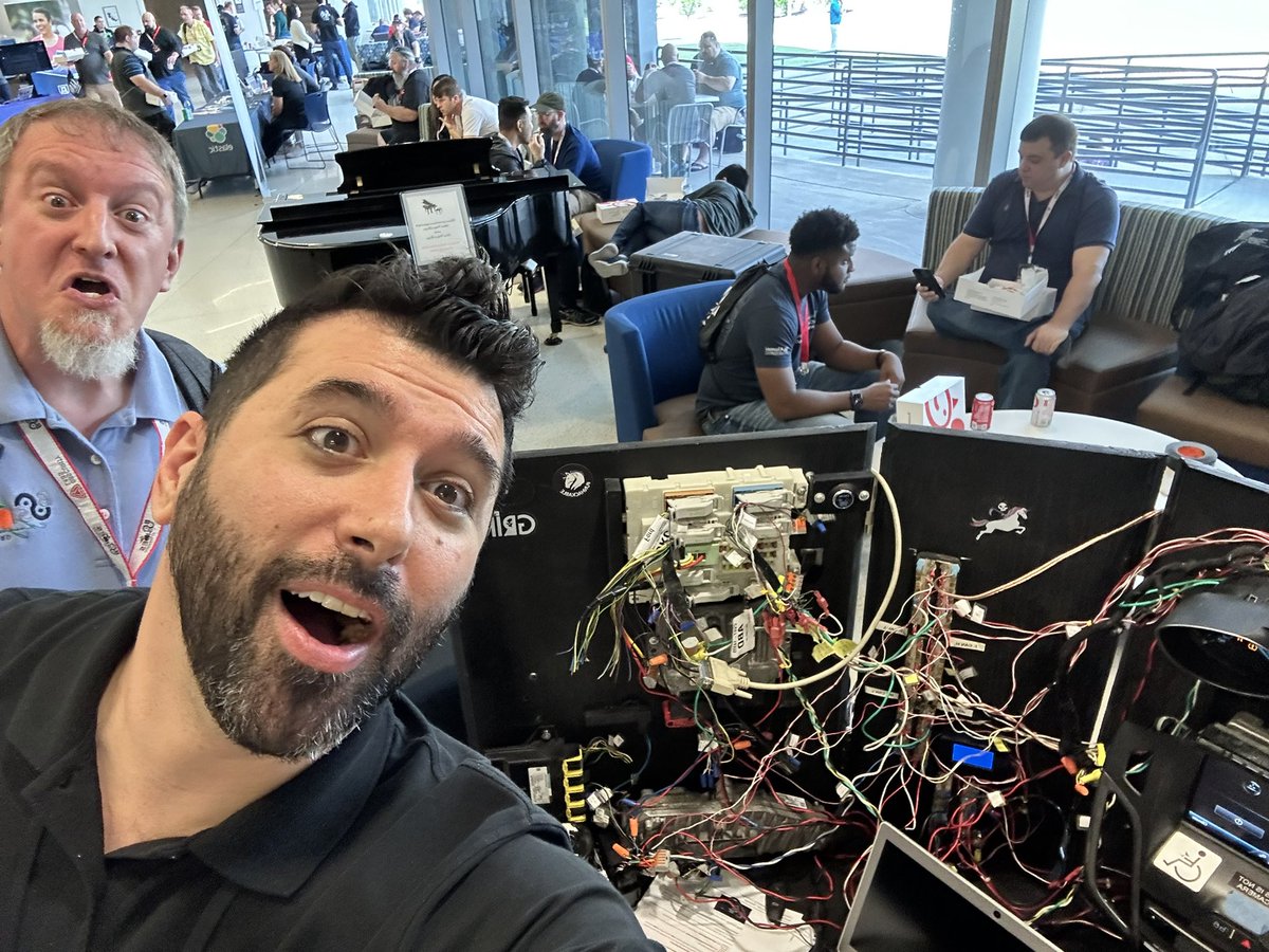 grimmcyber's tweet image. Need a seat for lunch @BSidesAugusta? Come hang out with @J0hnnyXm4s in the “Grimm Lounge” and hack some cars while you’re at it!

(Also we’ll make sure @chrissistrunk back there is gone by the time you arrive 😂😂 )
