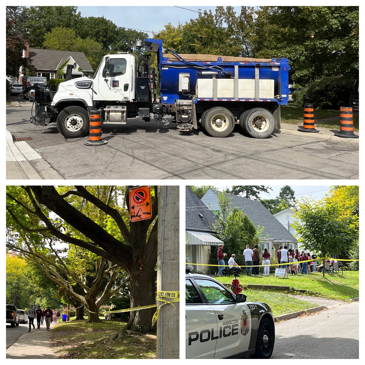 Police out in force patrolling west end #Hamont neighbourhoods eyed for unsanctioned street parties this aft. City trucks are blocking access to Dalewood Ave and nearly every home for two blocks has police tape blocking access. Bit surreal.