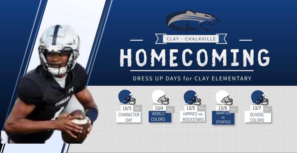 AllisonW_5's tweet photo. It’s time for @CCHSfootbal Homecoming! We will show our Cougar Pride by supporting CCHS with Dress Up Days. Go Cougars! @ClayCougarCubs @jacqnaii @JEFCOED @CityofClay https://t.co/vF7Mx2HUgJ