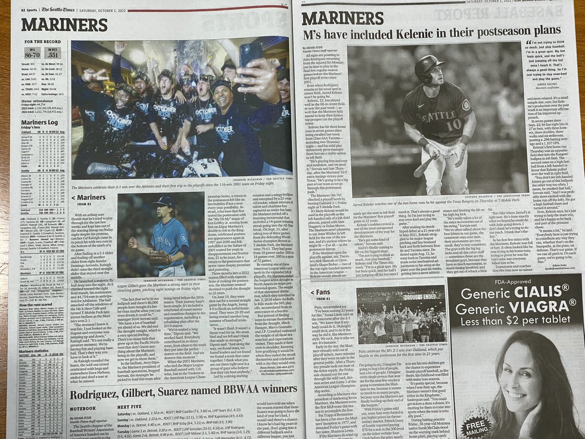 paulbarrett6's tweet photo. Pick up today’s Seattle Times for outstanding coverage of the Mariners’ playoff clinch and UW football’s late loss. Amazed, but not surprised, by the incredible deadline work by the @SeaTimesSports team. Great work, everyone! https://t.co/bwou6ydNIX
