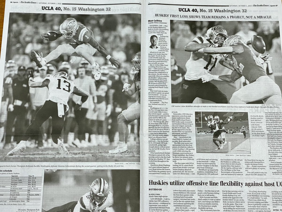 paulbarrett6's tweet photo. Pick up today’s Seattle Times for outstanding coverage of the Mariners’ playoff clinch and UW football’s late loss. Amazed, but not surprised, by the incredible deadline work by the @SeaTimesSports team. Great work, everyone! https://t.co/bwou6ydNIX