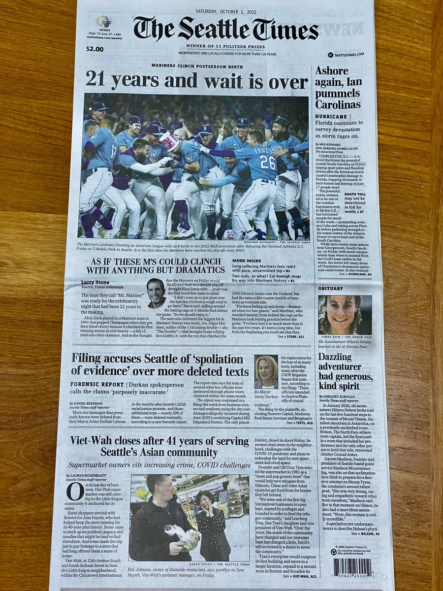 paulbarrett6's tweet photo. Pick up today’s Seattle Times for outstanding coverage of the Mariners’ playoff clinch and UW football’s late loss. Amazed, but not surprised, by the incredible deadline work by the @SeaTimesSports team. Great work, everyone! https://t.co/bwou6ydNIX