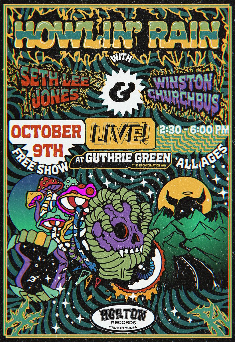 Sunday afternoon • OCT 9 • <a href="/GuthrieGreen/">Guthrie Green</a> • TULSA • <a href="/howlinrain/">Howlin Rain</a> <a href="/Sethleejones/">Seth Lee Jones</a> #winstonchurchbus • Free / All Ages / Pet-Friendly / Food Truck • bring a blanket, chair, cooler &amp; hang out!