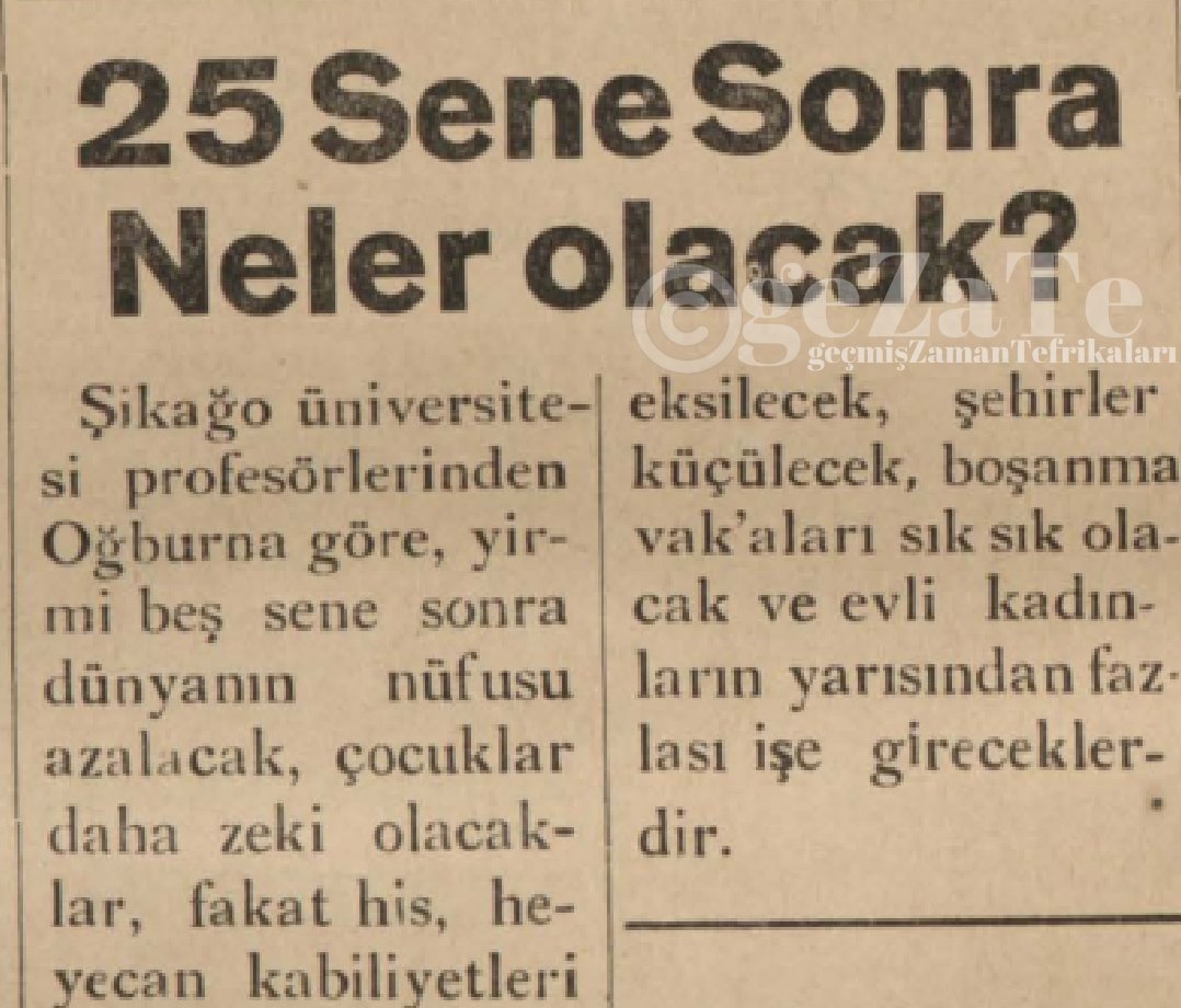 Sene 1938
25 yıl sonrası için yapılan öngörüler...
Pek çoğu gerçekleşen nüfusta azalma, gençlerde his ve heyecanın azalması, şehirlerin küçülmesi gibi öngörüler  yaklaşan büyük savaşın sonuçlarına yönelik tahminler aslında.