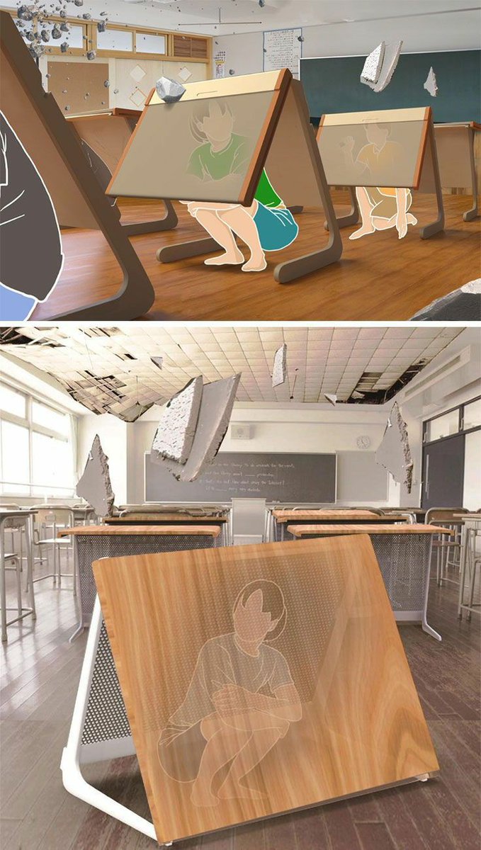 smaarch_designs's tweet photo. A school desk that turns into a safe shelter during an earthquake. In the event of a calamity, the desk surface can be lifted to unlock it, allowing it to slide down, creating a triangular space underneath. @msisodia @PreetiSMenon @Aslam_Merchantt @ACI_Mumbai @AamAadmiParty https://t.co/9Dim7NoeG0