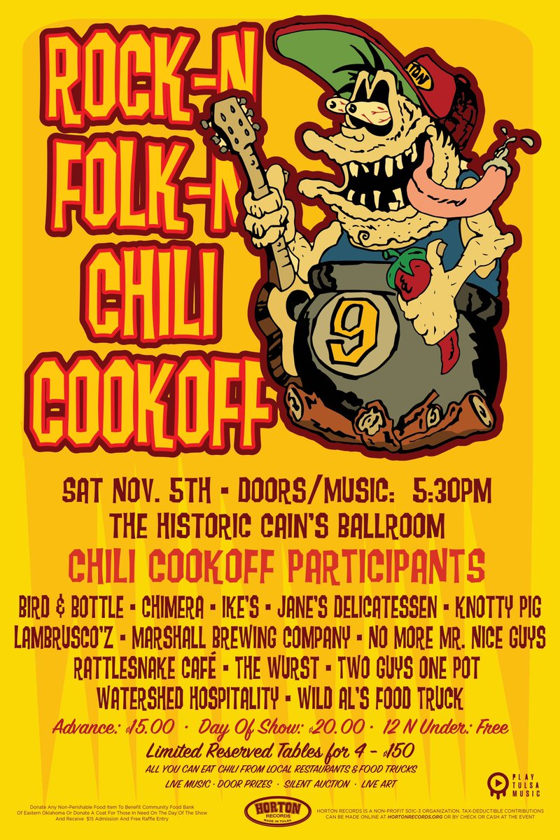 SATURDAY, NOV 5 • <a href="/CainsBallroom/">Cain's Ballroom</a> • TULSA, OK • MUSIC • CHILI • ART • FUN • Adv Tix only $15 • etix.com/ticket/p/67767…